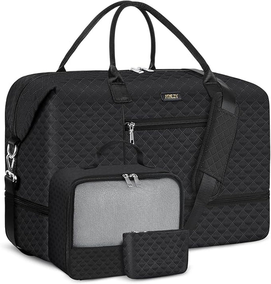 ITIEZY Weekender Overnight Bag for Women - Large Travel Duffel Bag with Shoe Compartment, Gym Duffel Bag Hospital Bag Carry On Tote Bags for Airplanes with Crossbody Bag Toiletry Bag 3Pcs Set