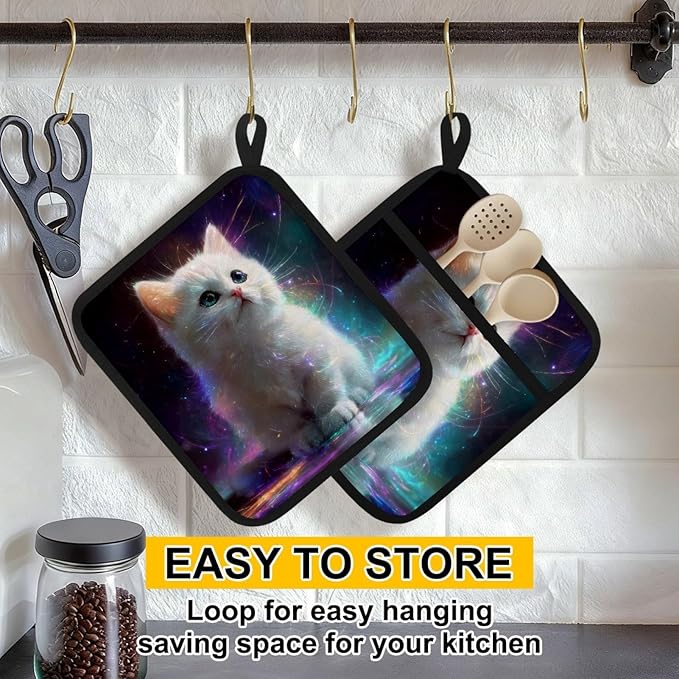 Cute White Cat Pot Holders with Pockets 2 PCS, Heat Resistant Oven Mitts Hot Pads for Kitchen Baking Cooking, Square Thick Pot Holders Kitchen Hot Potholders, 8.5x10 Inches