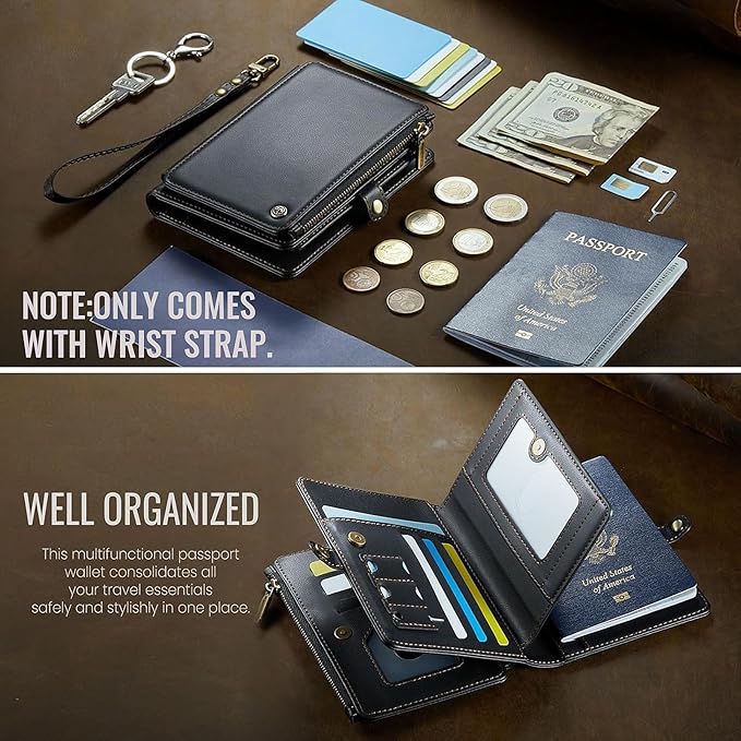 Passport Holder Wallet Bag with AirTag Holder, 11 Card Slots and Passport Solt Cash Solt Photo Solt Zipper Pocket, RFID Blocking Wristlet Strap.Black