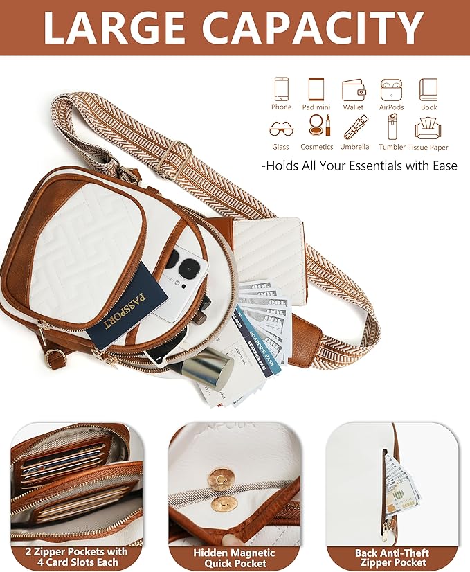 Anti Theft Crossbody Bags for Women, RFID Vegan Leather Sling Purse for Travel, Chest Bag, Cross Body Purses & Fanny Packs(Beige＆Brown)