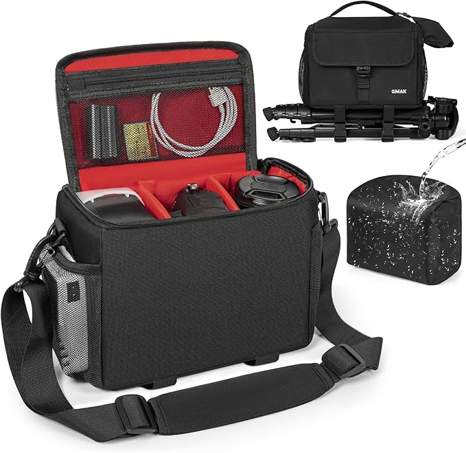 GMAK Waterproof Camera Bag for Photographers, Anti-shock Camera Shoulder Bags with Water-resistant Rain Cover, Camera Case Compatible for DSLR/SLR/Mirrorless Cameras, 9'' × 4.7'' × 7.5'', Black