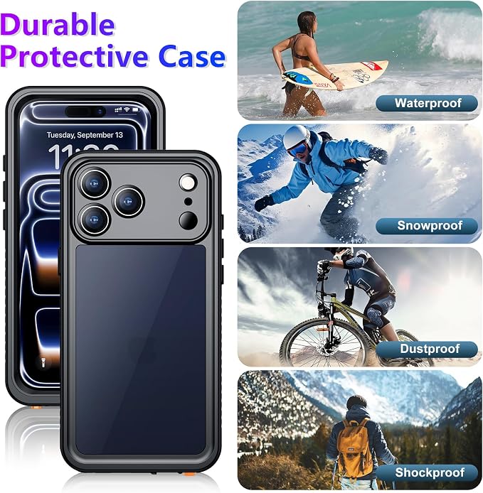 Compatible with iPhone 17 Pro Case,Waterproof Built-in Screen & Camera Protector IP68 Underwater Full Body 17FT Military Dropproof Shockproof Phone Case 6.3"-Black/Clear