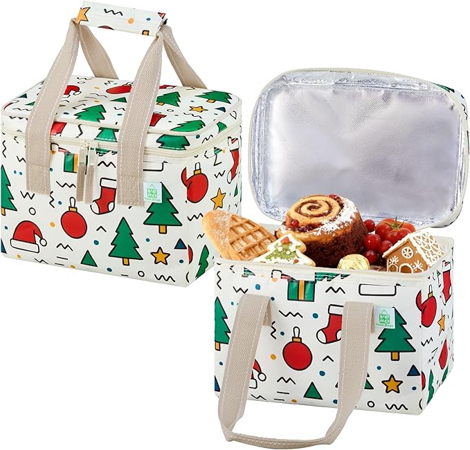 VENO 2 Pack Insulated Lunch Bag for Women Men, Reusable Lunch Box Grocery Shopping Bag Small Cooler with Handles Zippers for Work Office Picnic Beach (Jingle Mix)