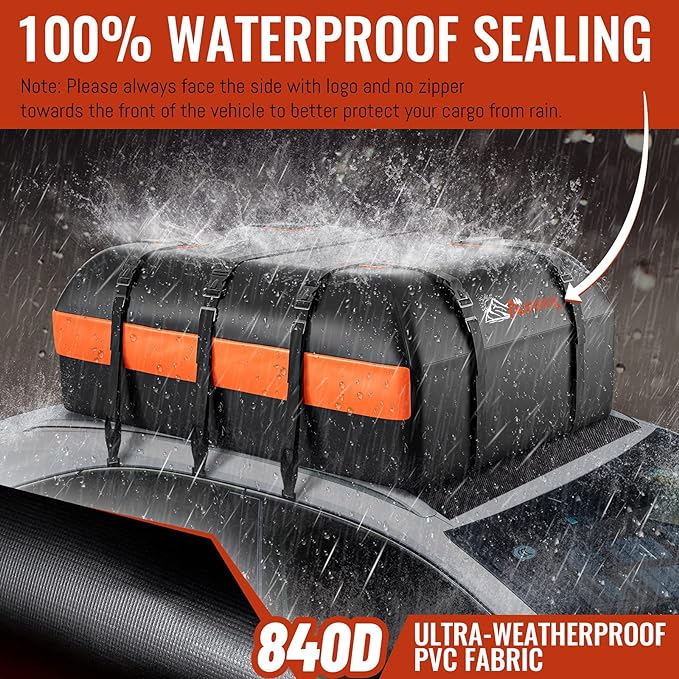 Car Rooftop Cargo Carrier Bag, 15 Cubic Feet Waterproof Heavy Duty 840D Car Roof Bag for All Vehicle with/Without Racks - Anti-Slip Mat, 6 Door Hooks, Storage Bag, 2 Extra Straps, Luggage Lock