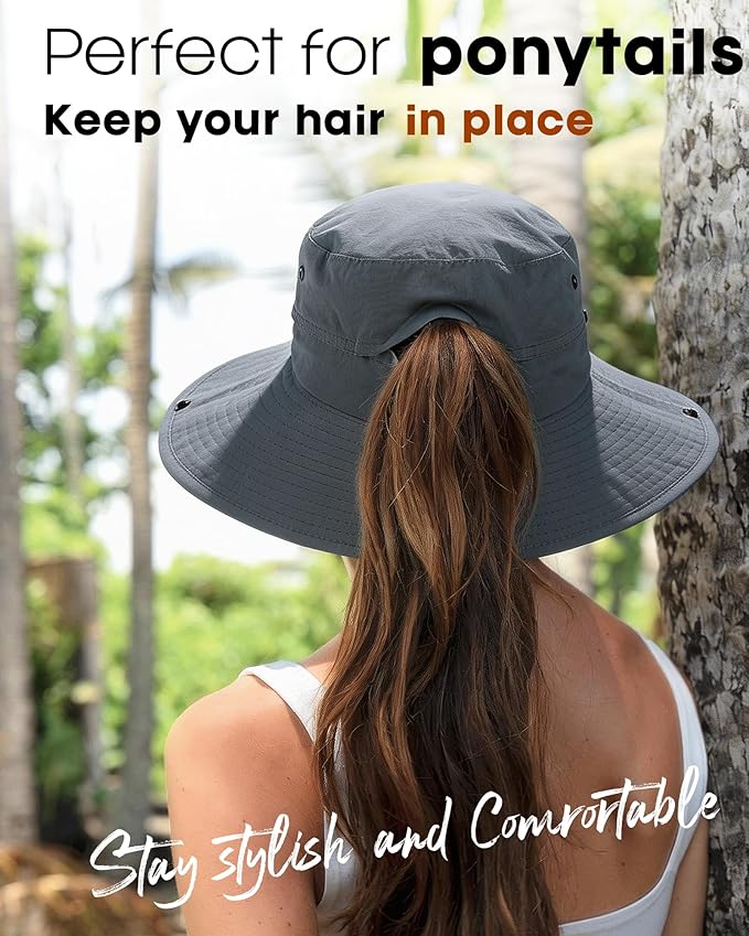 FURTALK Sun Hats for Women Ponytail UPF 80+ Beach Summer Hat Wide Brim Packable Cowboy Hat