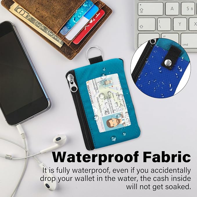 Minimalist RFID Wallet with Lanyard, Multi-Functional ID Case with 2 Zipper Pockets and Key Chain for Men and Women, Tactical Badge Pouch Cards Holder, Coin Purse for Travel Sports - Blue