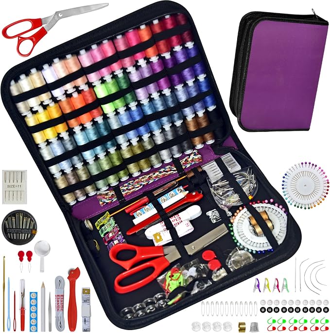 Sewing Kit with Case Portable Sewing Supplies for Home Traveler, Adults, Beginner, Emergency, Contains 60 Sewing Thread, Scissors, Needles, Measure etc（Dark Burgundy，XL)