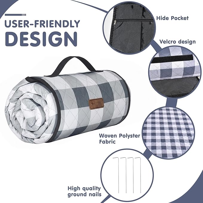 HX&OD Outdoor Picnic Blanket, Extra Large, 80''x80'' Waterproof Foldable Blankets Gingham Picnic Mat for Beach, Camping Grass Lawn Park Accessories Cute Couple Ideas Wedding (Gray, 80”x80”)
