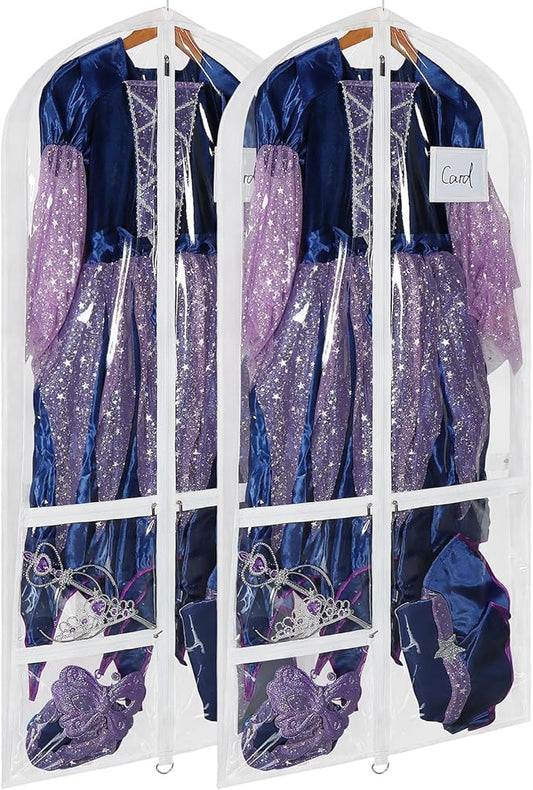 Univivi Clear PVC Dance Costume Bags, 50 Inch Garment Bag for Dance Competitions, with 3 Seperated Medium Clear Zipper Pockets and 1 Large Back Zippered Pocket (White, 2 Pack)