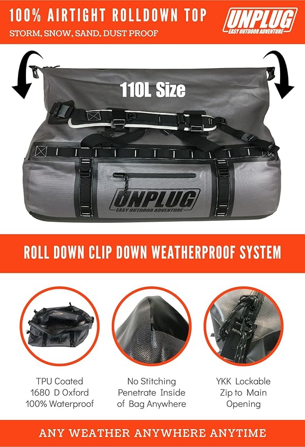 UNPLUG Ultimate Adventure | 1680D Heavy Duty Waterproof Bag | Large Travel Bag which can be Used for Camping, Motorcycling, Boating, or Hunting|110L Storm Grey