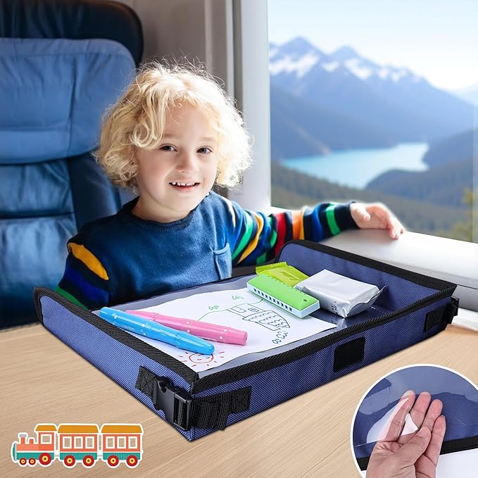 Kids Tray Table Cover, Airplane Tray Cover with Pockets, Airplane Travel Essentials for Kids, Portable Airplane Must Haves for Toddler on Plane or Train and Flying Supplies (Navy Blue)