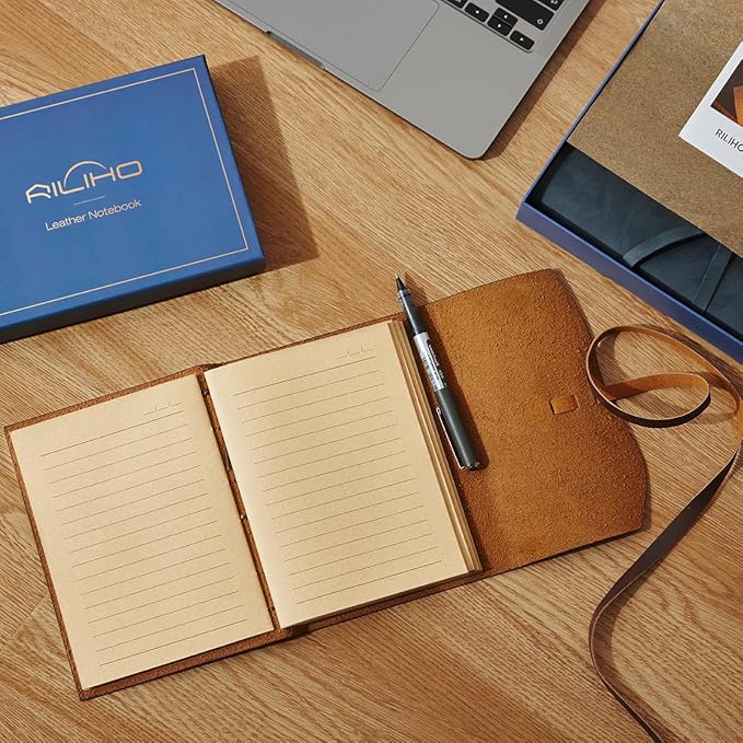 RILIHO Leather Journal Notepad, Small Notebook 4.8x6.5 Inches, Mini Journal, Retro Premium Planner, Lined Diary Vintage Style, Ideal for Women and Men, Artists, Travelers, Navy Blue