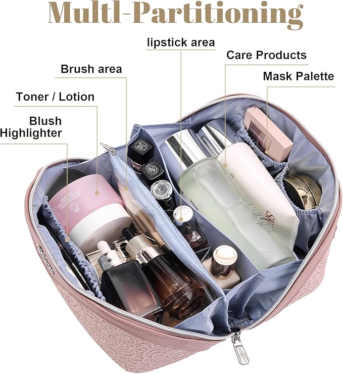 BOYATU Travel Makeup Bags Cosmetic Organizer Bag: 3-Set Large Capacity Make up Bag - PU Leather Toiletry Bags for Women - Wide Open Portable Pouch with Divider & Handle (A-Light Pink)