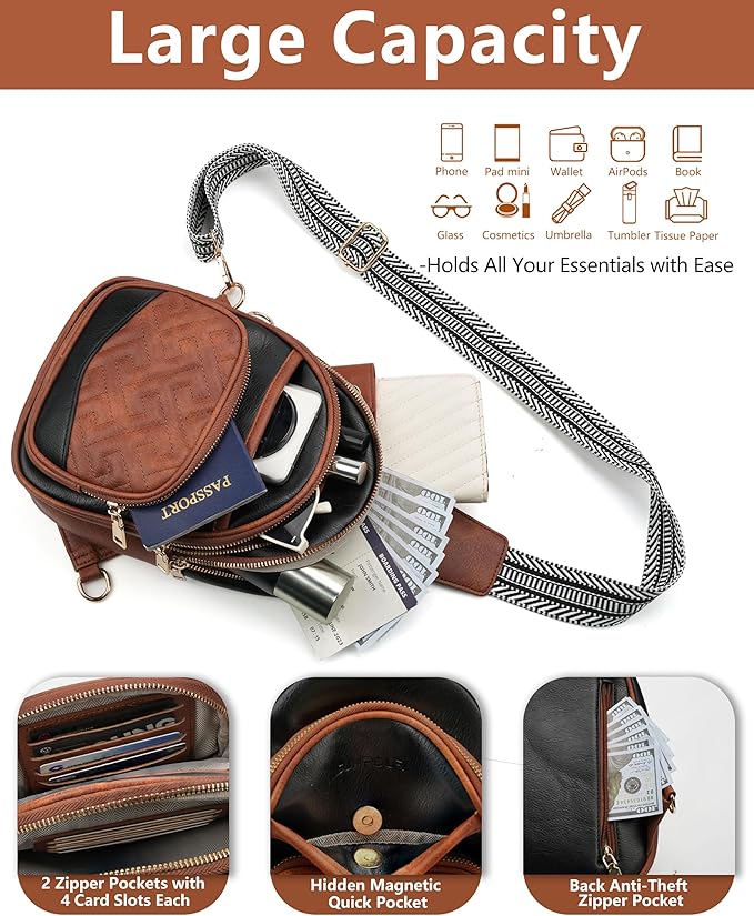 Anti Theft Crossbody Bags for Women, RFID Vegan Leather Sling Purse for Travel, Chest Bag, Cross Body Purses & Fanny Packs(Brown＆Black)