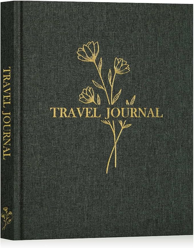 Lanpn Travel Photo Journal Notebook for Women Men, Linen Travel Log Diary Scrapbook Memory Book with Prompts, Anniversary Journals Traveling Gifts (Green, 110 Pages)