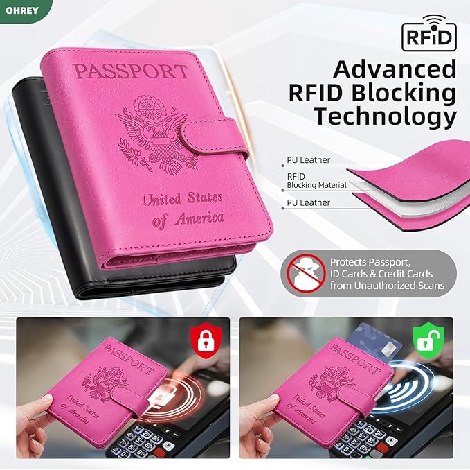 2 Pack Passport Holder for Travel with Slot for AirTag & Luggage Tag Cover, RFID Blocking Passport Holder for Women & Men | PU Leather Passport Cover with Pocket, Black & Pink