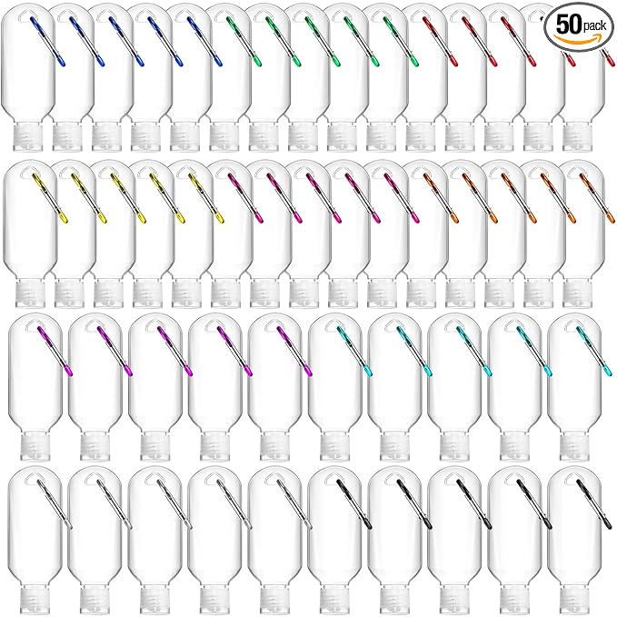 FairySandy 50 Pcs Traveling Bottles with Keychain 2oz Clear Plastic Hand Sanitizer Holder Keychain Empty Refillable Liquid Packing Container Squeeze Plastic Bottle with Lid,Rectangle