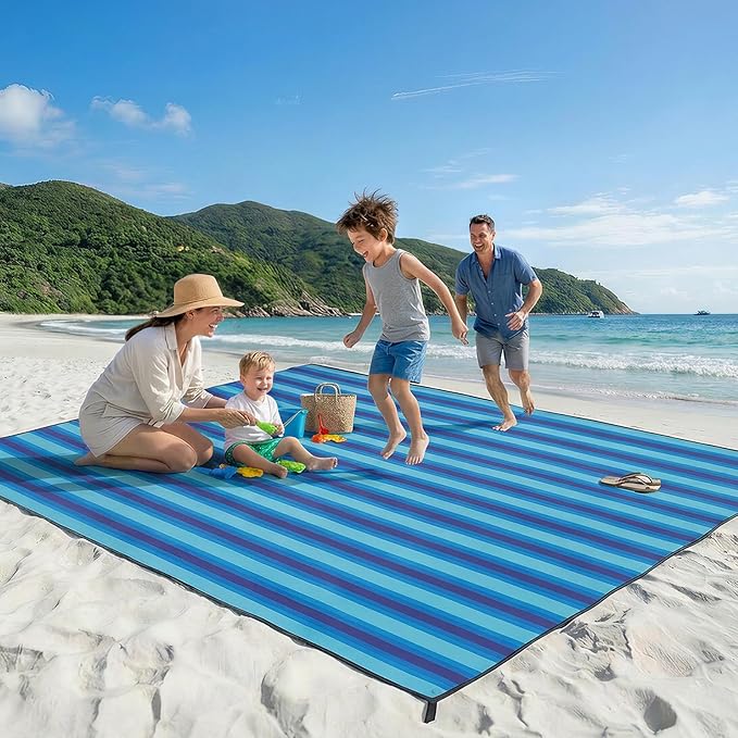 OIGAE Oversized Beach Blanket, 9×10 ft Sand-Free Outdoor Mat for Groups, Quick-Dry Picnic Blanket with Stakes & Corner Pockets, Blue Stripe