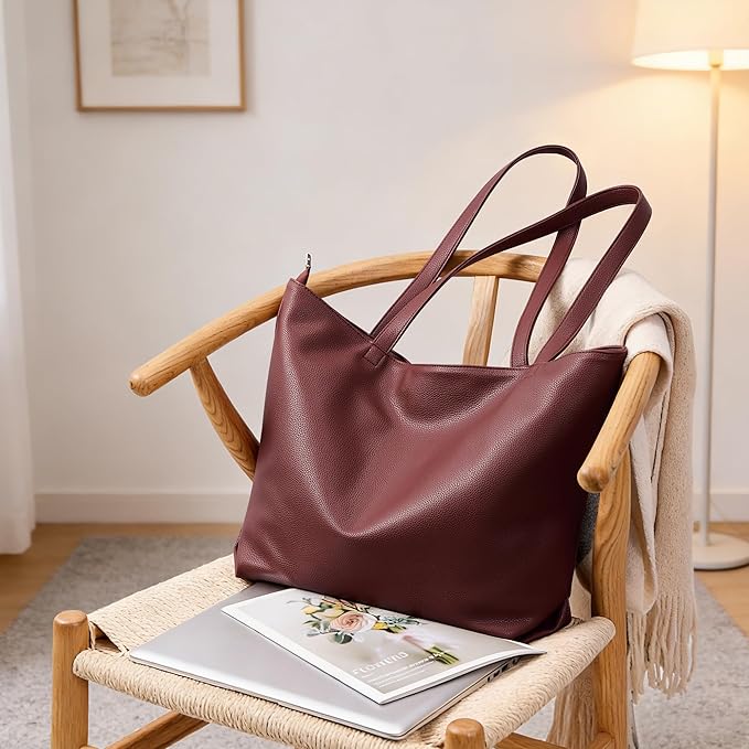 WLLWOO Soft Vegan Leather Tote Bag for Women Large Casual Hobo Handbags Zipper Shoulder Work Daily Weekender Travel Purse