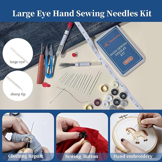SkySewing 98PCS Large Eye Hand Sewing Needles Kit with Metal Box, Mini Sewing Kit with Threaders, Thimbles, Seam Ripper, Portable Sewing Repair Kit for Adults Beginner Travel Clothing Repair Home Use