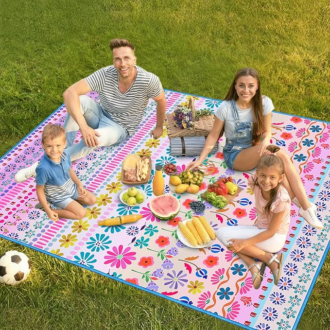 Floral Picnic Blankets Waterproof Foldable, 60″X80″ Packable Picnic Mat Flowers Outdoor Blanket for Grass, Large Beach Blanket Sandproof Picnic Accessories for Camping Music Festival Park Lawn Travel
