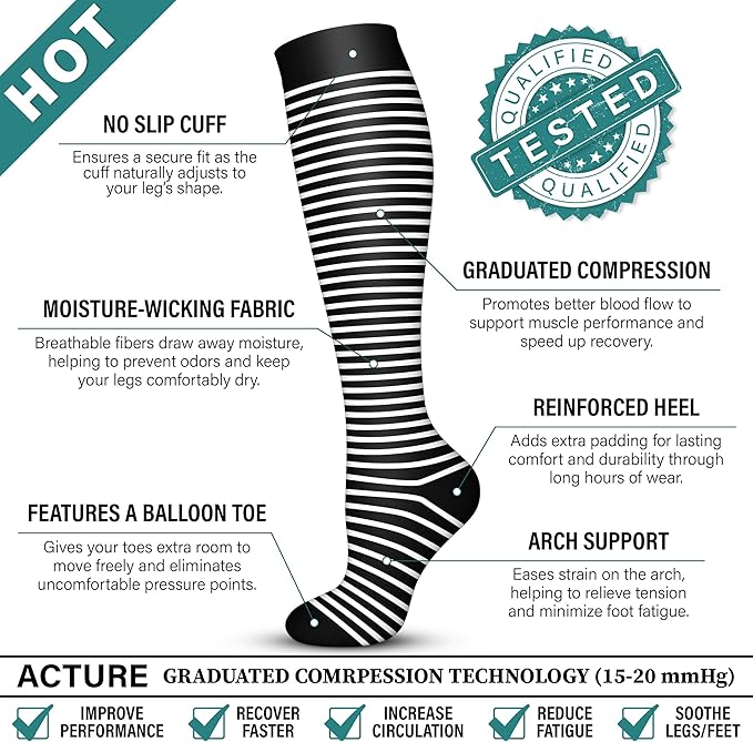 Acture 6 Pack Compression Socks for Women and Men - Knee High for Medical, Running, Nurses, Travel