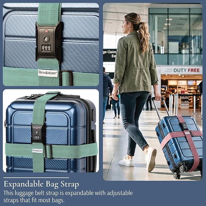 Brookstone Luggage Strap - 2-in-1 TSA-Approved Expandable Luggage Straps for Suitcases with Keyless 3-Digit Combination Lock, Size One Size, Vintage Green