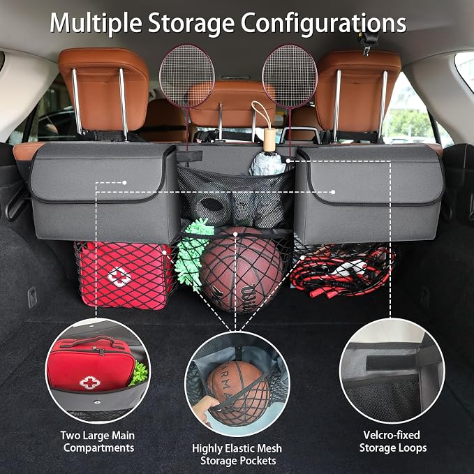 Deluxe Trunk Organizer for Car Small SUV, Backseat Hanging Trunk Organizer, Waterproof Collapsible Car Storage Bag with 6 Pockets, Reinforced No-Sag Design (Grey, Compact & Mid Size SUV)