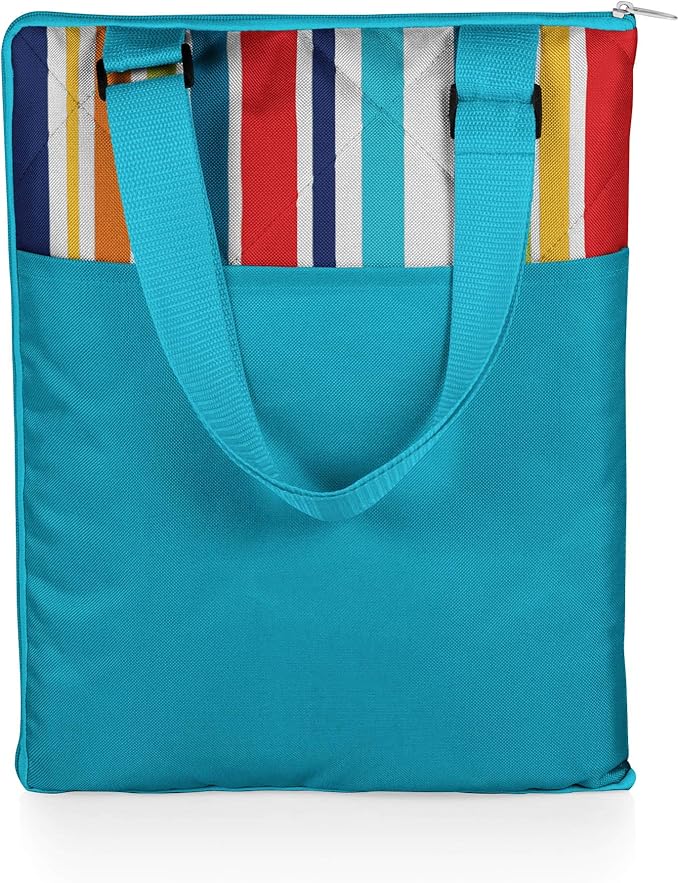 ONIVA - a Picnic Time brand - Vista Outdoor Picnic Blanket & Tote - Beach Blanket - Camping Blanket, (Fun Stripe Pattern with Aqua Blue Exterior), 16 x 11 x 3