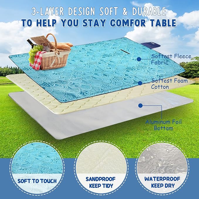 ZOMAKE Picnic Blanket Waterproof Sandproof Large Foldable Blankets,79"x79" Concert, Beach, Yard, Outdoor Grass Mat(Peacock Blue)