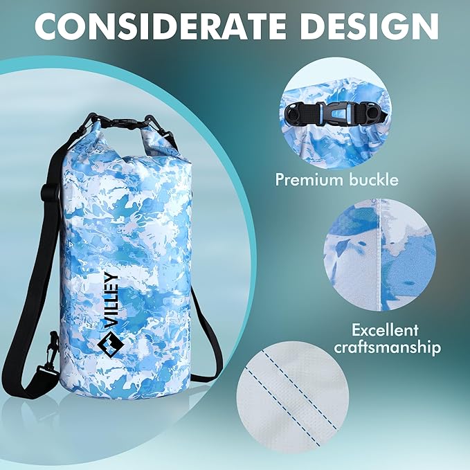VILLEY Dry Bag Waterproof 5L Roll Top Storage Backpack, Keeps Gear Dry Lightweight Backpack for Kayaking Boating Camping Swimming and Beach Accessories Blue Camo