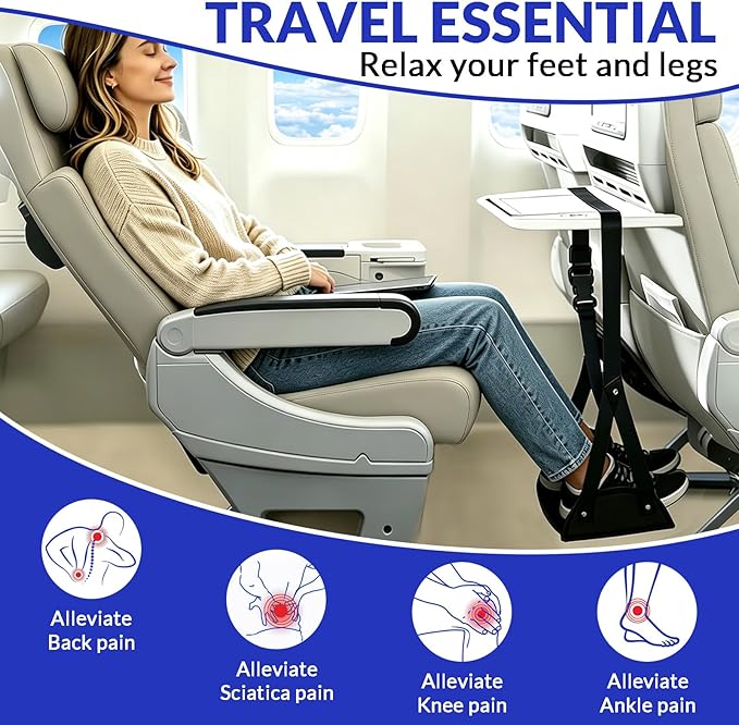 2 Pack Airplane Travel Footrest Hammock - Adjustable Strap Portable Leg Rest Plane Travel Essentials for Long Flights Compact Foot Hanger for Airplane Train Office
