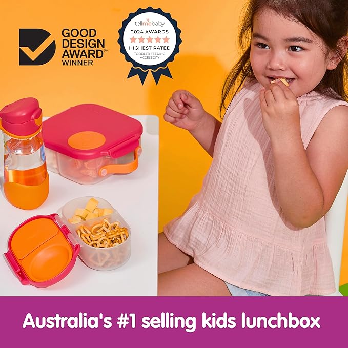 b.box Snack Box 2-Pack - Leak Proof Mini Bento Box for Kids & Toddlers, 2 Compartment Snack Containers for Kids, Dishwasher Safe, BPA-Free, PFAS-Free, Ages 4mo+, 1 3/4 Cup Each (Strawberry + Lilac)
