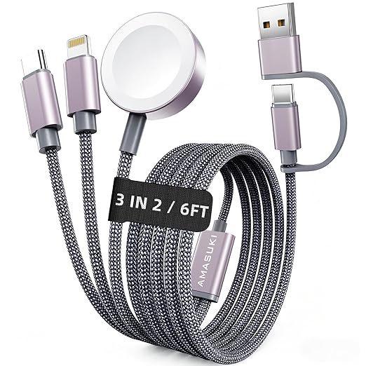 Travel Essentials,3 in 2 USB C Cable for Apple Watch Charger,iPhone Charger,Multi Charging Cable,Cruise Vacation Camping Essentials for iWatch Series 11-2/Ultra,iPhone 17-12,Car Accessories,Grey-6FT