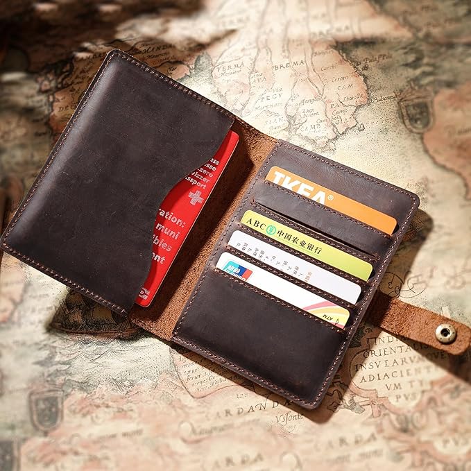 Genuine Full Grain Leather Passport Holder, Slim Bifold with Snap Button Closure, 5 Card Slots, Men's Travel Wallet (BLACK)