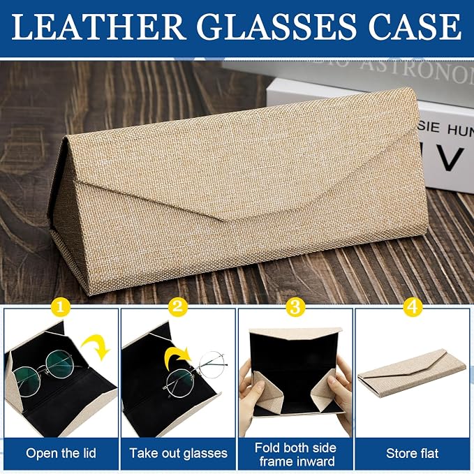 Flutesan 4 Pack Foldable Glasses Sunglasses Case PU Hard Shell Collapsible Eyeglasses Leather Case 4 Cleaning Cloths