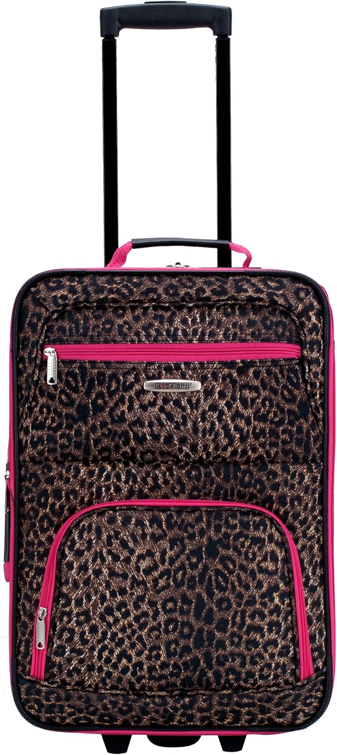 Rockland Fashion Softside 4 Piece Luggage Set, Expandable, (14" Tote/19"/24"/28"), Pink Leopard