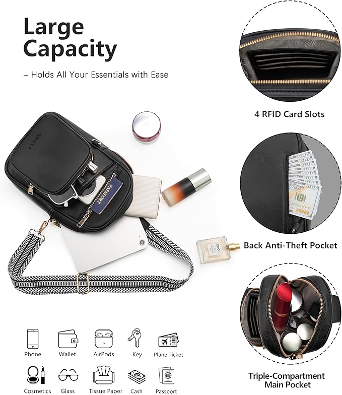 Anti Theft Crossbody Bags for Women,RFID Sling Bag Travel Purse,Vegan Leather Cross Body Purses Chest Bag for Travel(Pure Black)