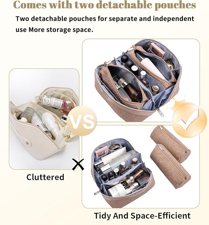 BOYATU Travel Makeup Bags Cosmetic Organizer Bag: 3-Set Large Capacity Make up Bag - PU Leather Toiletry Bags for Women - Wide Open Portable Pouch with Divider & Handle (A-Tan)