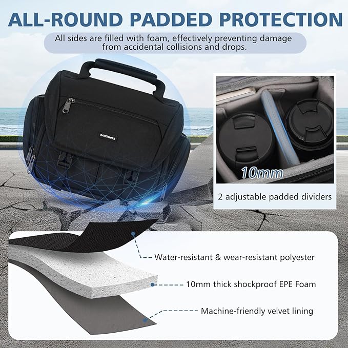 RAINSMORE Camera Bag, DSLR/SLR/Mirrorless Camera Sling Bag for Photographers Waterproof Small Camera Case with Tripod Holder & Rain Cover Camera Crossbody Bag for Canon/Nikon/Sony/Fuji, Black