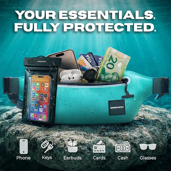 DRENCH 100% Waterproof Fanny Pack Teal – IPX8 Submersible Waterproof Phone Pouch Dry Bag Waist Pack for Kayaking, Snorkeling, Paddle Boarding, Surfing, Boating & Beach Travel Water Sports Gear