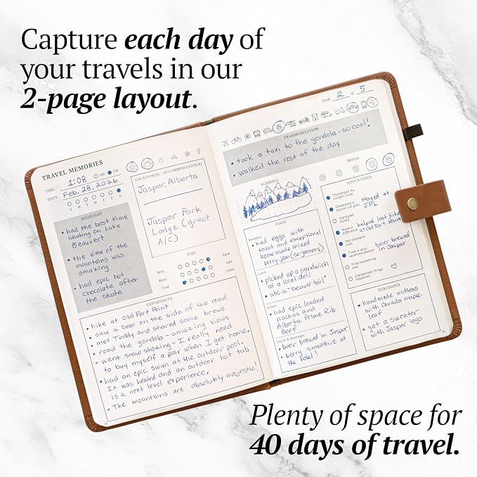 Travel Journal with Prompts (Hardcover) 2nd Edition - Vegan Leather Adventure Essential - 2-Page-A-Day Travel Journal (40 Days) for Women Men Nonbinary - A5 Daily Diary & Traveler Notebook - Gift - Present