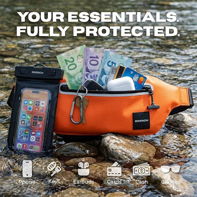 Drench Waterproof Fanny Pack & Waterproof Phone Pouch Set | IPX8 Submersible Waist Pack Dry Bag for Fishing, Hiking, Camping, Kayaking, Paddle Boarding & Water Sports | Orange
