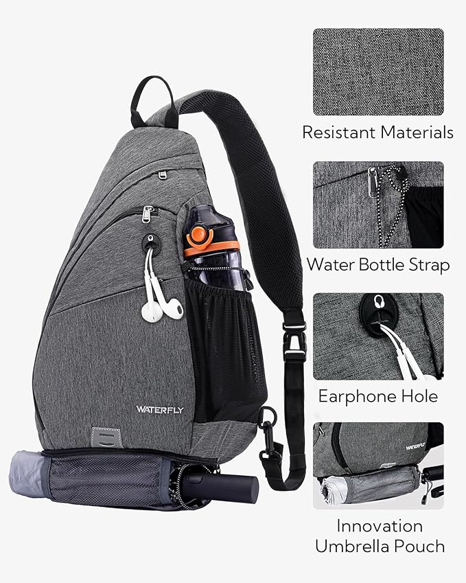 WATERFLY Sling Bag Sling Backpack Small Crossbody Shoulder Bag for Men Women Traveling Cycling Hiking Daypack