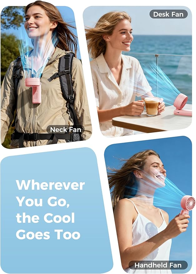 Aecooly Mighty Portable Handheld Fan | 20H Max Cooling Time | 3 Flexible Modes | 5 Speeds Wind | Battery Level Display | USB Rechargeable Mini Personal Battery Powered, Gifts for Women, Travel -Pink
