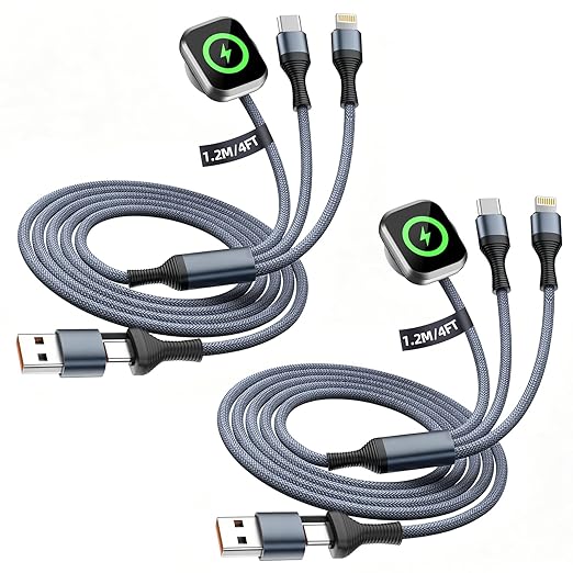 Cruise Essentials 2026, 3 in 2 Multi Charging Cable for iPhone Watch Charger/iPhone 17/IP, iWatch Charger, Travel Camping Essentials Compatible with iWatch 11-2/Ultra/iPhone 17-8,Car (2Pack,4FT)Gray