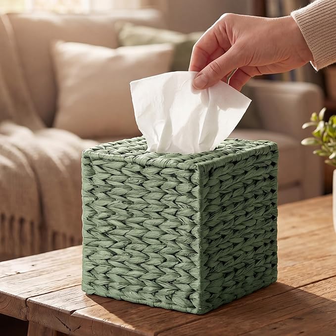 Sage Green Tissue Box Cover Square Natural Paper Rope Hand Woven Tissue Box Holder for Bathroom Living Room Bedroom Kitchen Table Desk Office Boho Home Decor