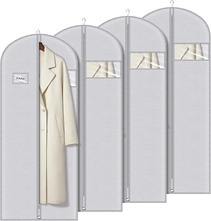 Syeeiex 60'' Dress Bags for Gowns, Set of 4 Garment Bag for Hanging Clothes, Dress Garment Bag, Dustproof and Keep Closet Tidy, Perfect for Suit Evening Dresses Fur Coat Long Dress Gown(Grey Pattern)