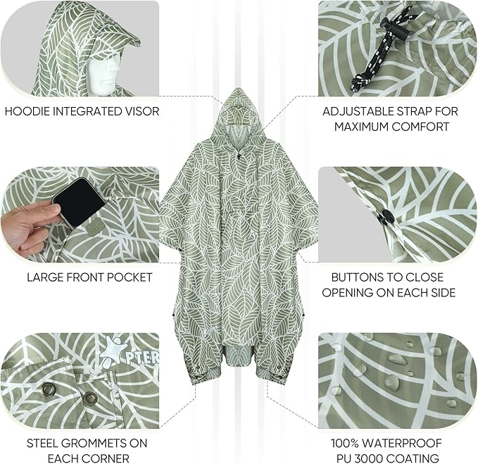 PTEROMY 3-in-1 Hooded Rain Poncho for Adult with Pocket, Waterproof Lightweight Unisex Raincoat for Hiking Camping Emergency