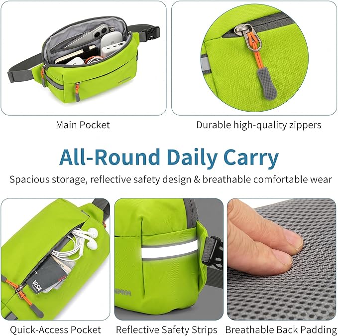 Fanny Pack for Men Women 2L Lightweight Waist Belt Hip Bag Slim Crossbody Adjustable Water Resistant Bum Belt Pouch for Travel Running Shopping Hiking Cycling Climbing EDC GREEN